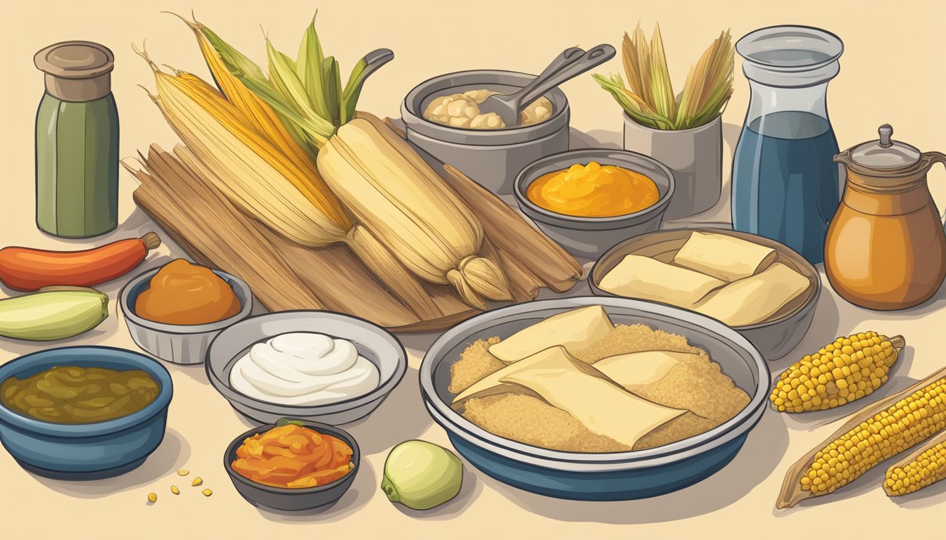 A table filled with assorted ingredients and cooking utensils for making Texas-style tamales. Corn husks and masa dough are being prepared for filling