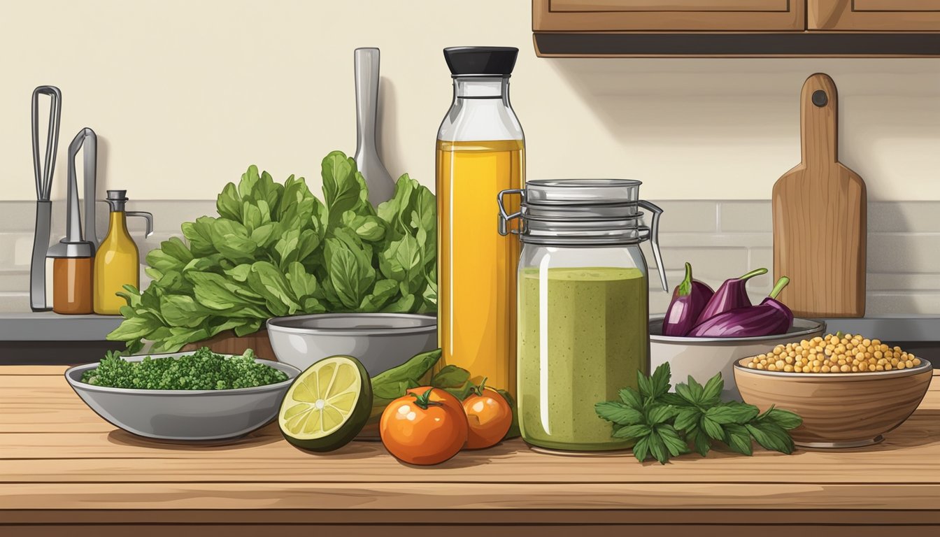 A rustic kitchen counter with a blender and ingredients for Texas-style salad dressing, including a bottle of oil, vinegar, spices, and fresh herbs