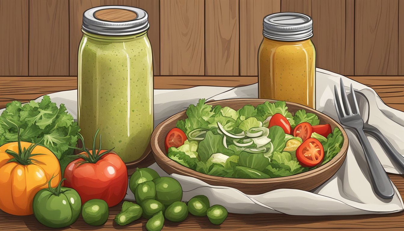 A rustic wooden table with a mason jar of tangy, texas-style salad dressing, surrounded by fresh vegetables and a simple salad bowl