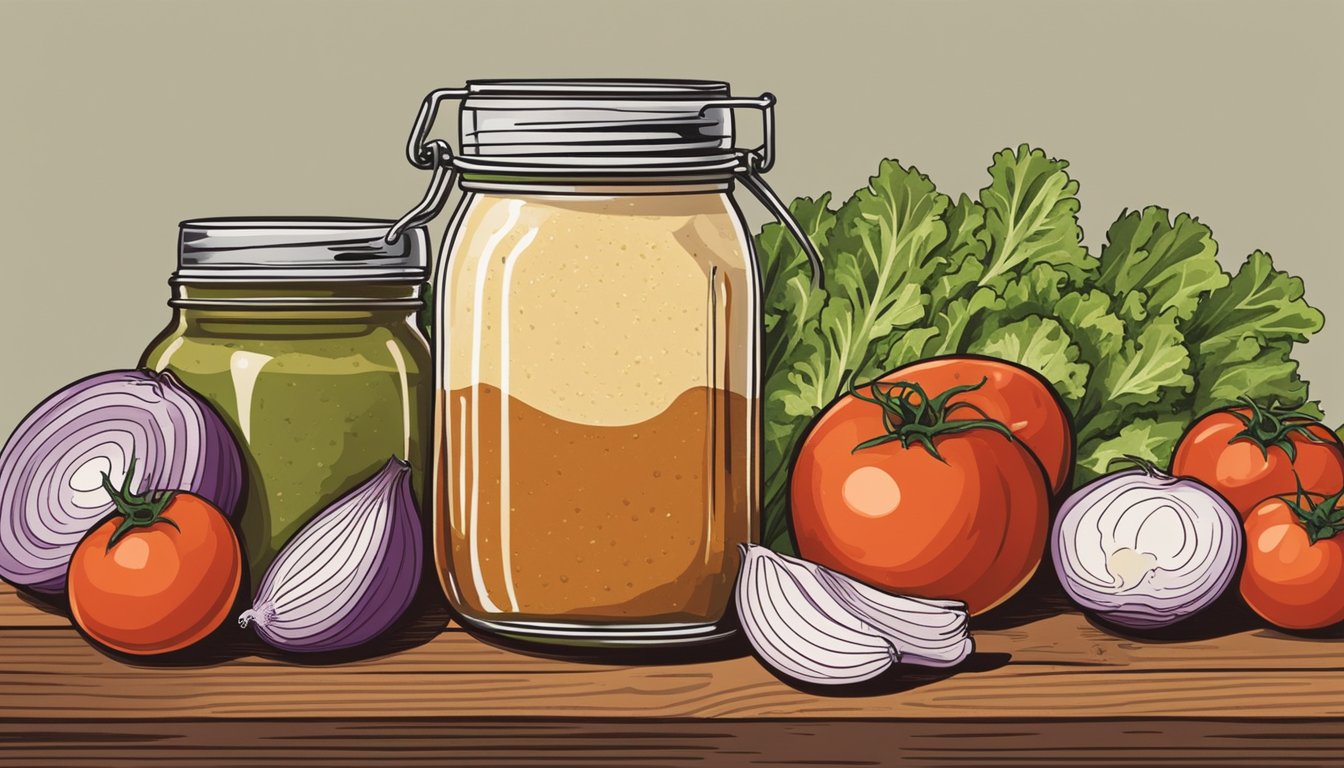 A mason jar filled with homemade dressing sits on a rustic wooden table next to fresh ingredients like tomatoes, lettuce, and onions. A lone bottle of hot sauce adds a Texas twist