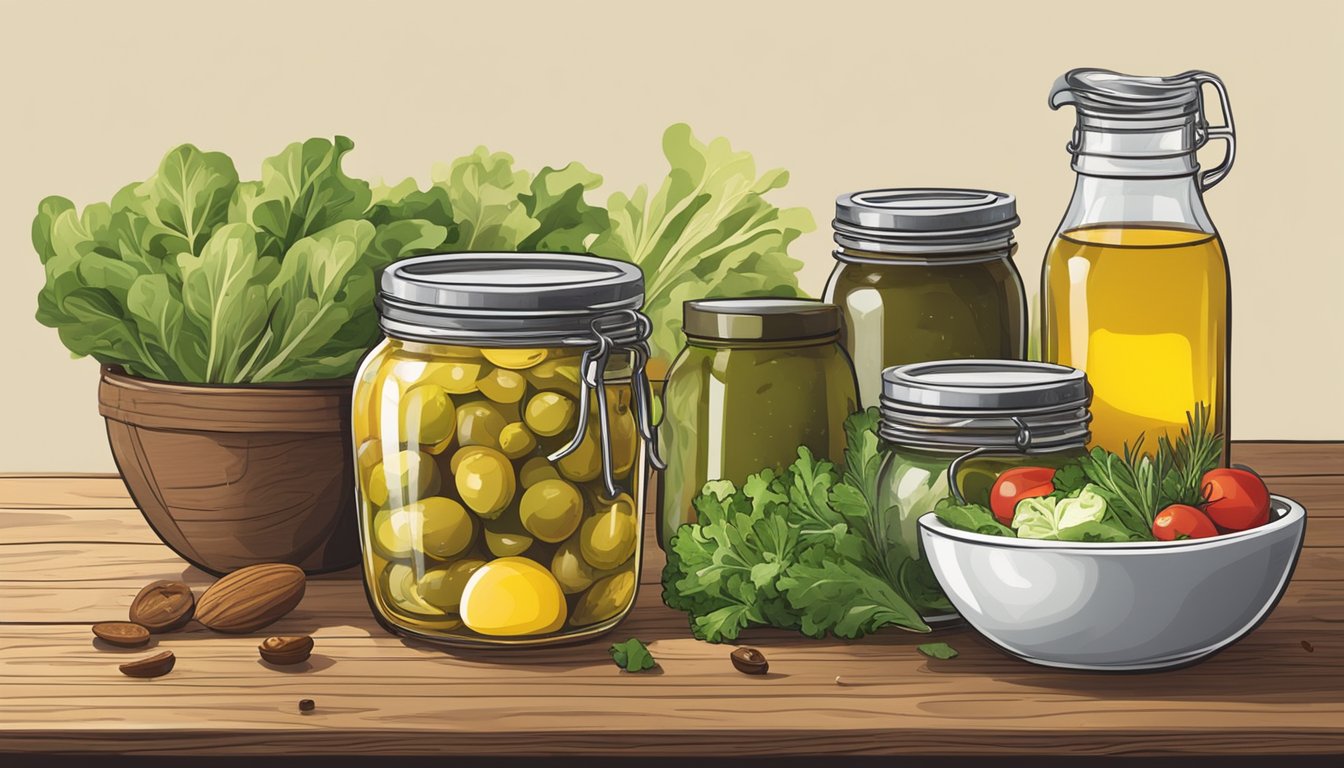 A mason jar filled with ingredients like olive oil, vinegar, and spices, sitting on a rustic wooden table next to a bowl of fresh salad greens