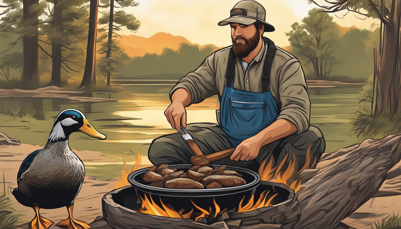 A duck hunter in Texas preparing a savory, seasoned duck dish over an open flame