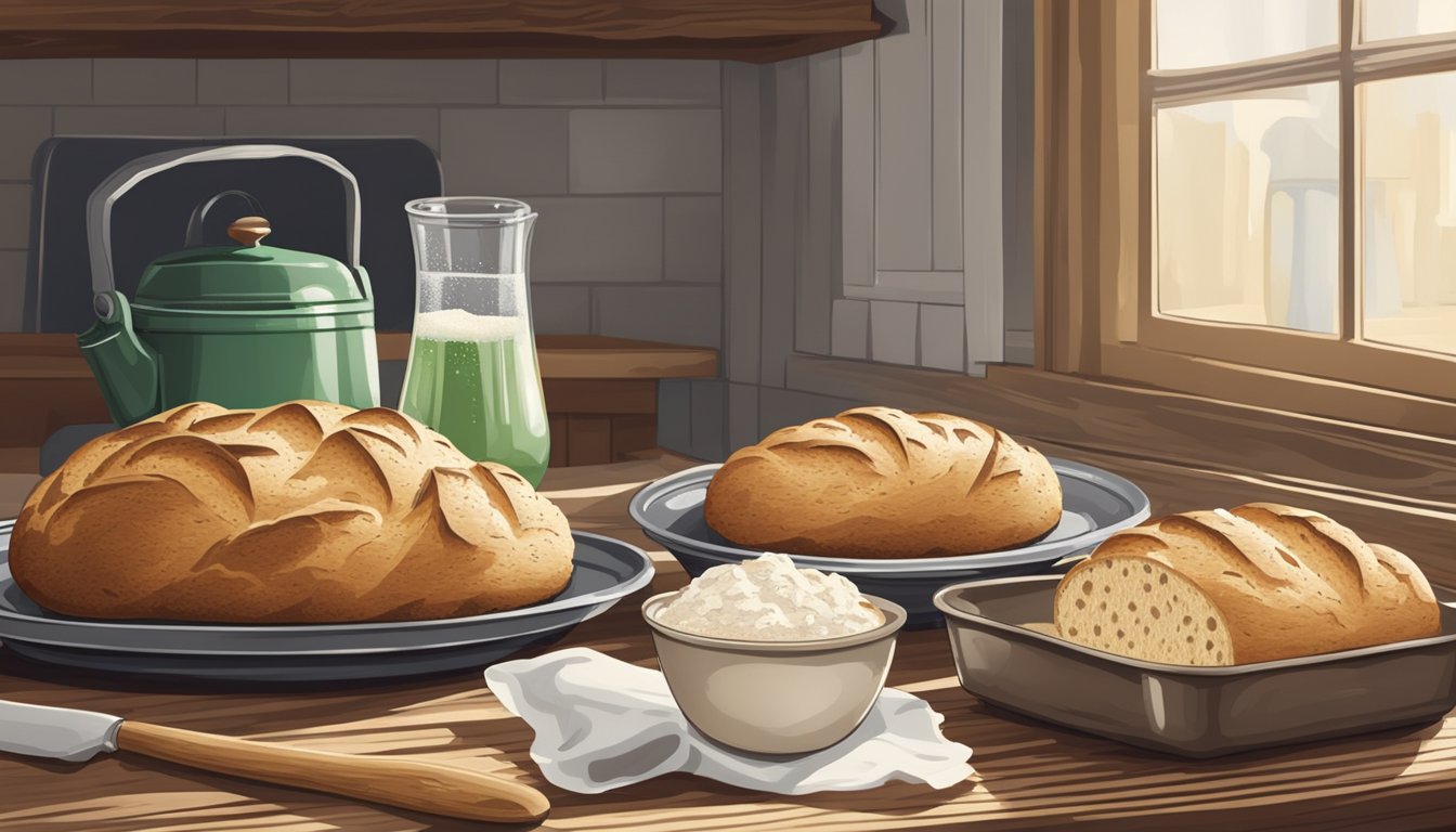 A rustic kitchen table with a freshly baked loaf of Texas-style Irish soda bread, surrounded by a scattering of flour and a vintage baking tray