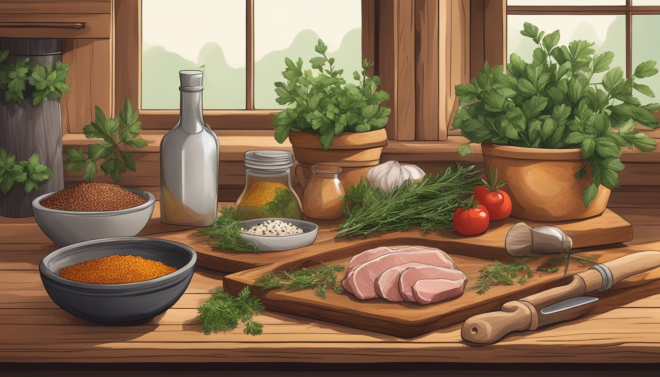 A rustic kitchen with a wooden cutting board, fresh herbs, and a bowl of rabbit meat, surrounded by Texas-inspired spices and seasoning