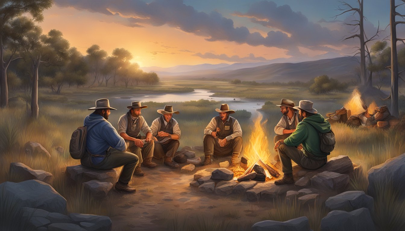 A group of hunters gather around a campfire, cooking up a feast of Texas-style duck recipes, surrounded by the rugged landscape of the countryside