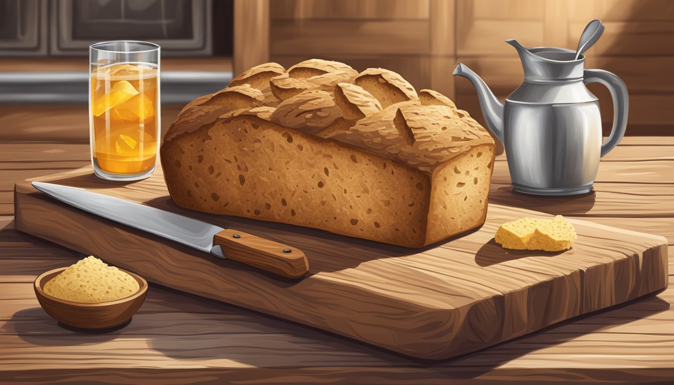 A rustic Texas kitchen with a golden loaf of freshly baked Irish soda bread on a wooden cutting board