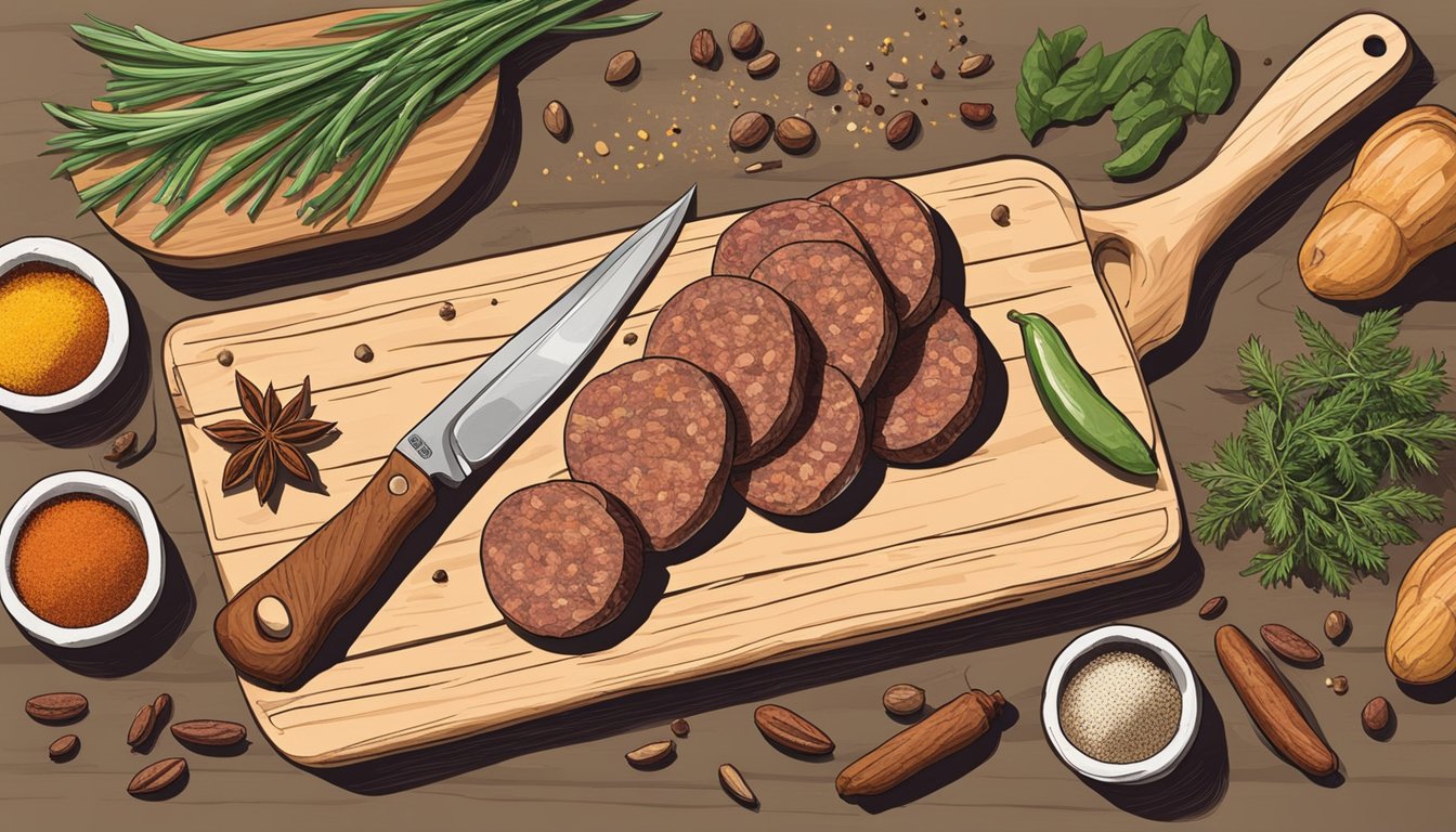 A rustic kitchen counter with a cutting board, knife, and various spices laid out for making Texas-style rabbit sausage