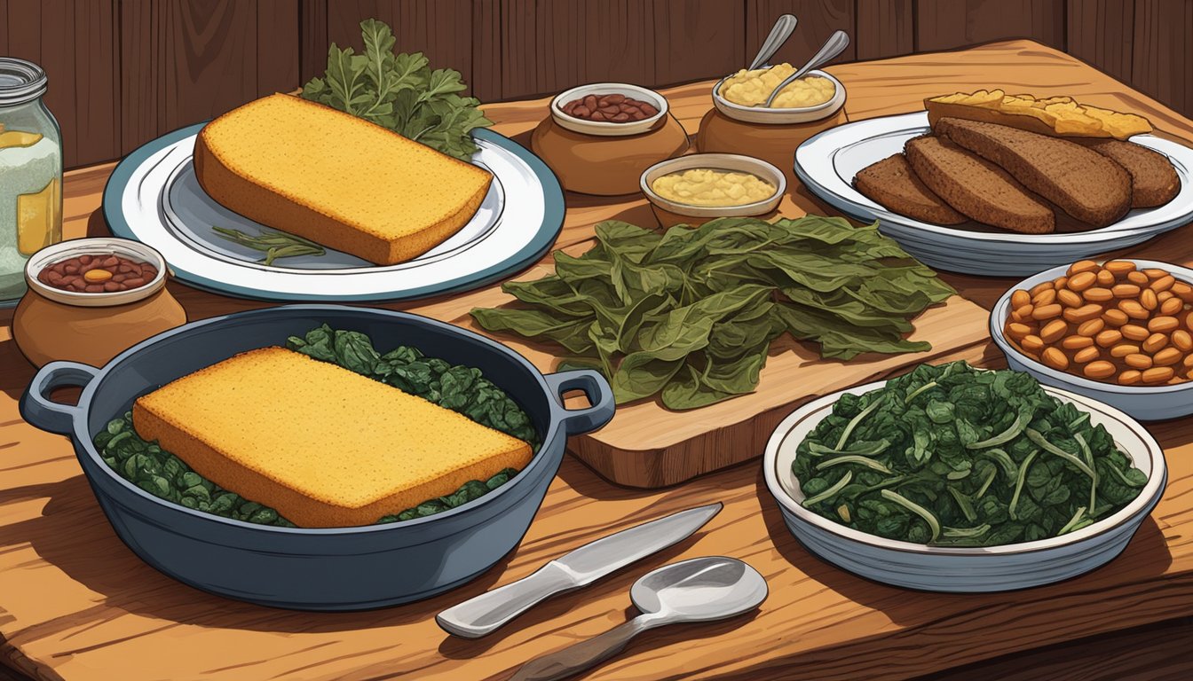 A rustic wooden table adorned with a spread of cornbread, collard greens, and baked beans, alongside a platter of grilled duck breasts