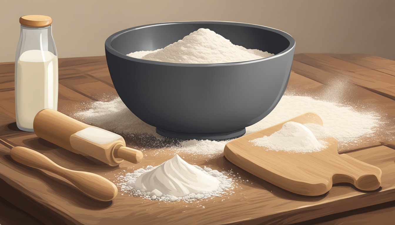 A bowl of dough being mixed with buttermilk and flour, surrounded by a rolling pin, flour, and a rustic wooden table