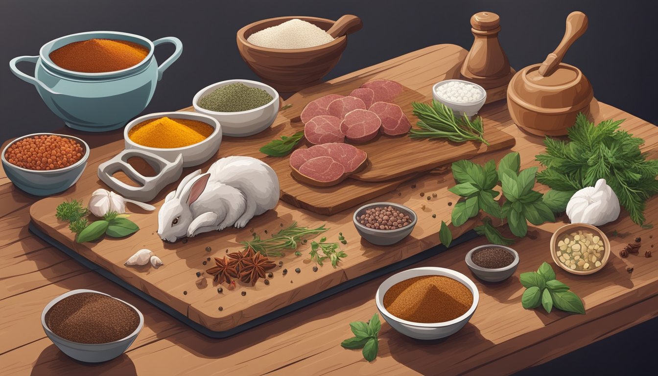 A rustic kitchen counter with a variety of spices and herbs scattered around a cutting board with freshly ground rabbit meat