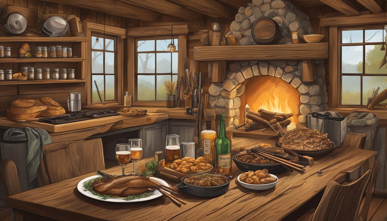 A rustic hunting lodge with a crackling fire, surrounded by shotgun shells and camo gear. A spread of Texas-style duck dishes with glasses of bourbon and craft beer