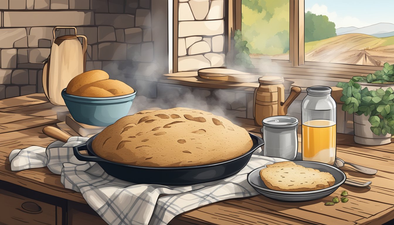 A rustic kitchen with a wooden table covered in flour, a bowl of dough, and a cast-iron skillet with freshly baked Irish soda bread cooling on a wire rack