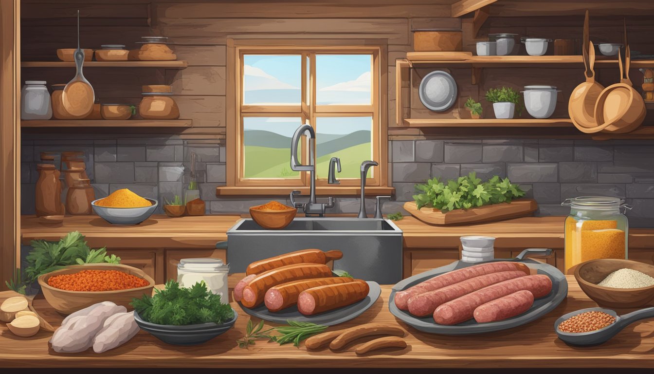 A rustic kitchen with ingredients laid out for a Texas-style rabbit sausage recipe. Spices, herbs, and meat fill the scene with a flavorful culinary adventure