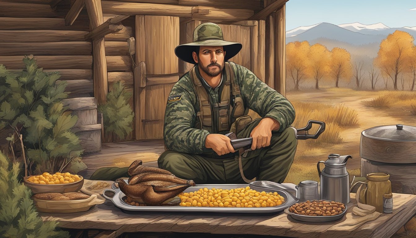 A hunter holding a shotgun and wearing camouflage gear serves up a platter of roasted duck with a side of cornbread and beans in a rustic outdoor setting