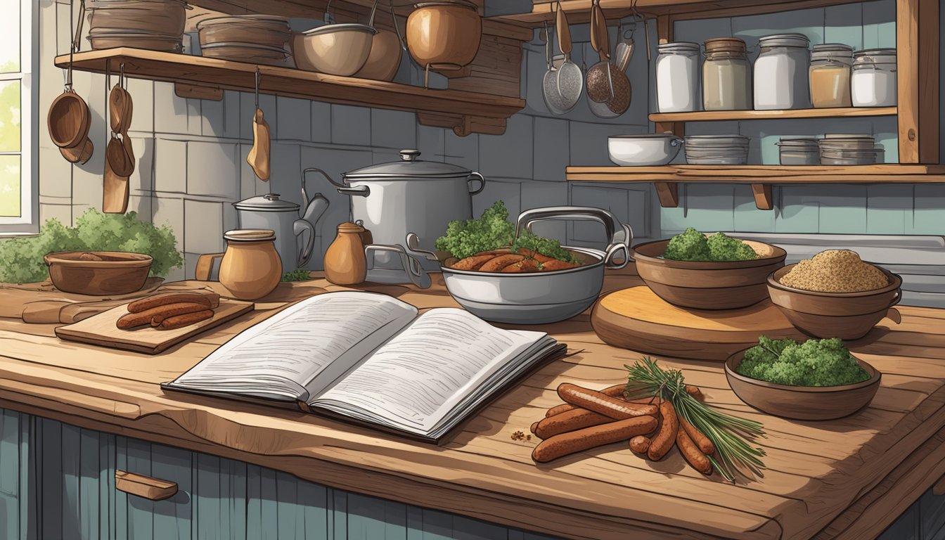 A rustic kitchen with hanging sausages, spices, and a recipe book open to a Texas-style rabbit sausage recipe