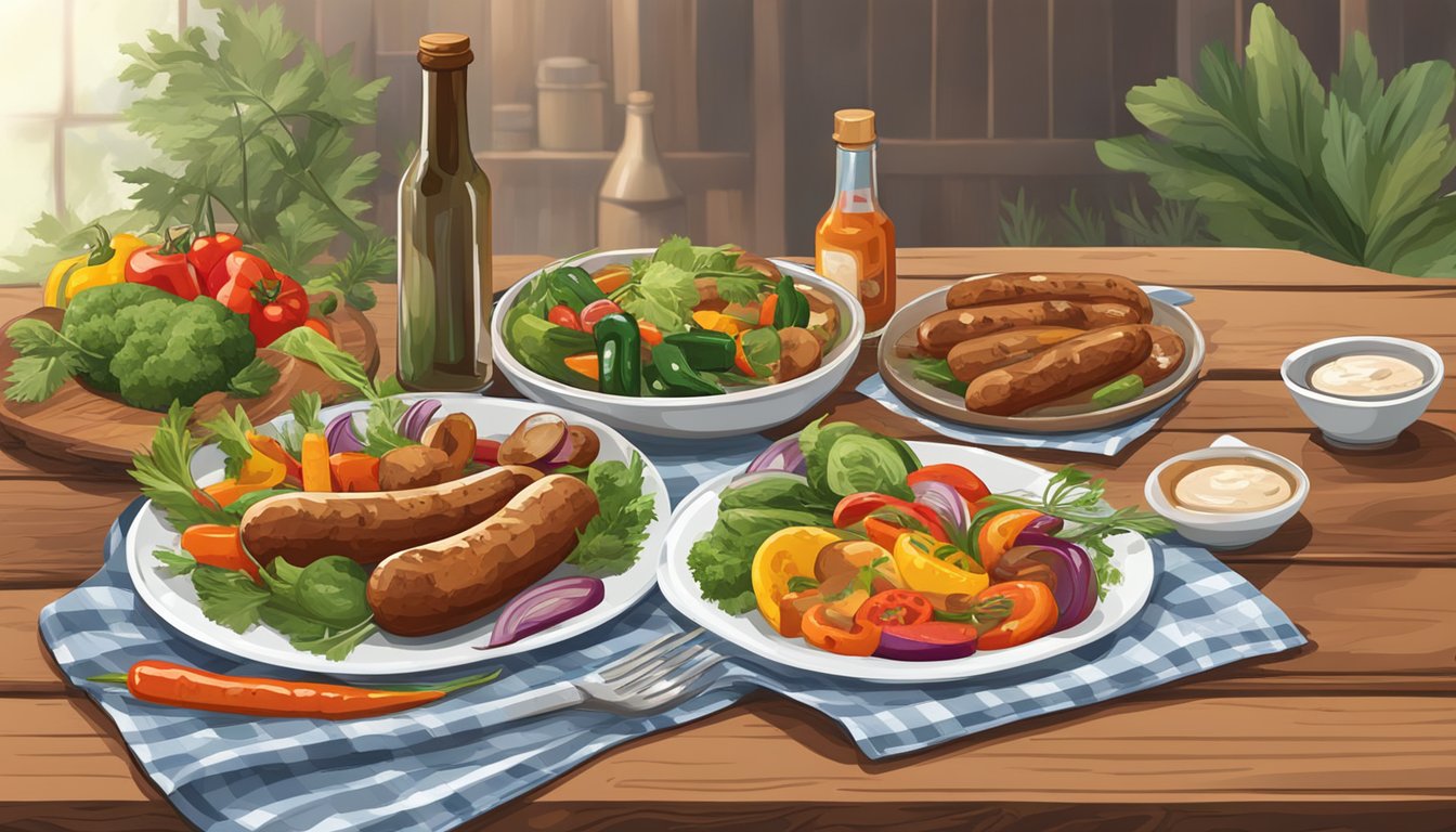 A rustic wooden table set with a platter of grilled rabbit sausage, accompanied by colorful vegetables and a bottle of hot sauce