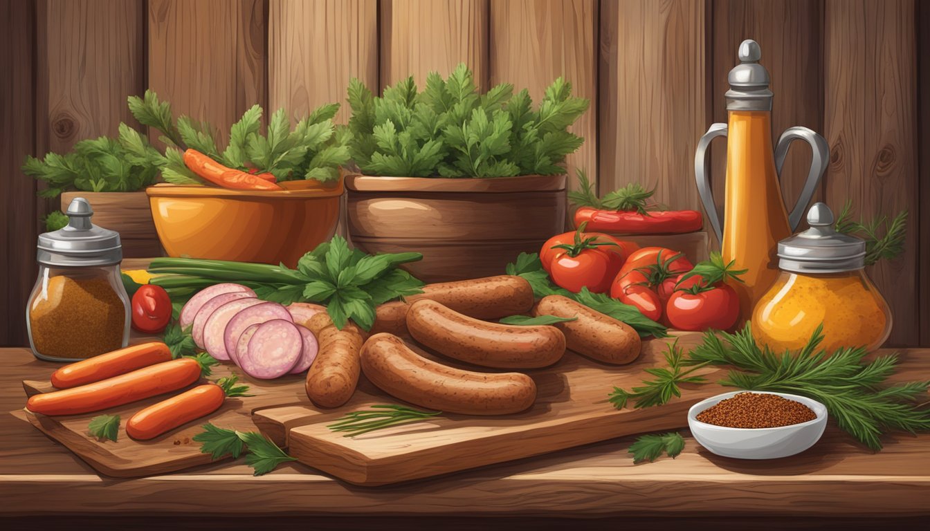 A rustic wooden table adorned with a spread of freshly made Texas-style rabbit sausages, surrounded by colorful spices and herbs