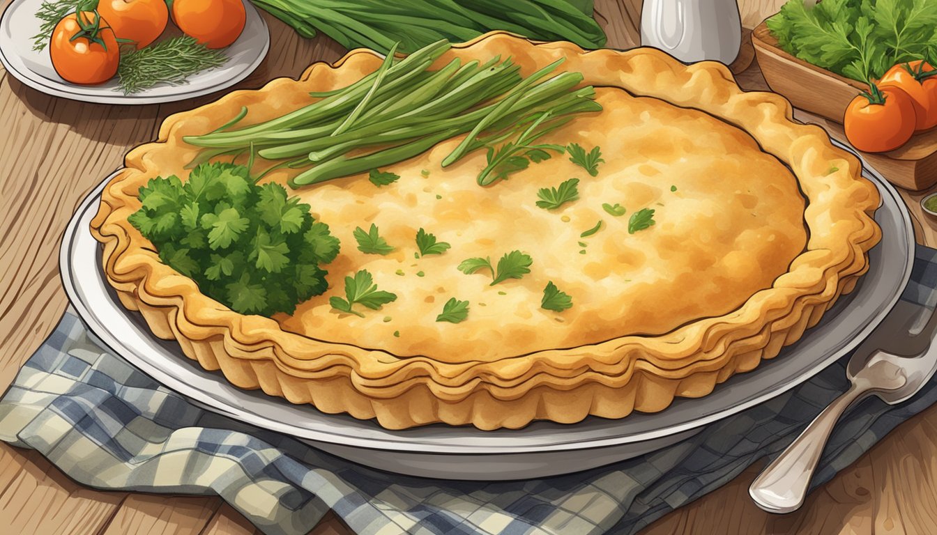 A rustic kitchen table with a bubbling pot pie topped with a golden, crispy cornmeal crust, surrounded by fresh vegetables and herbs