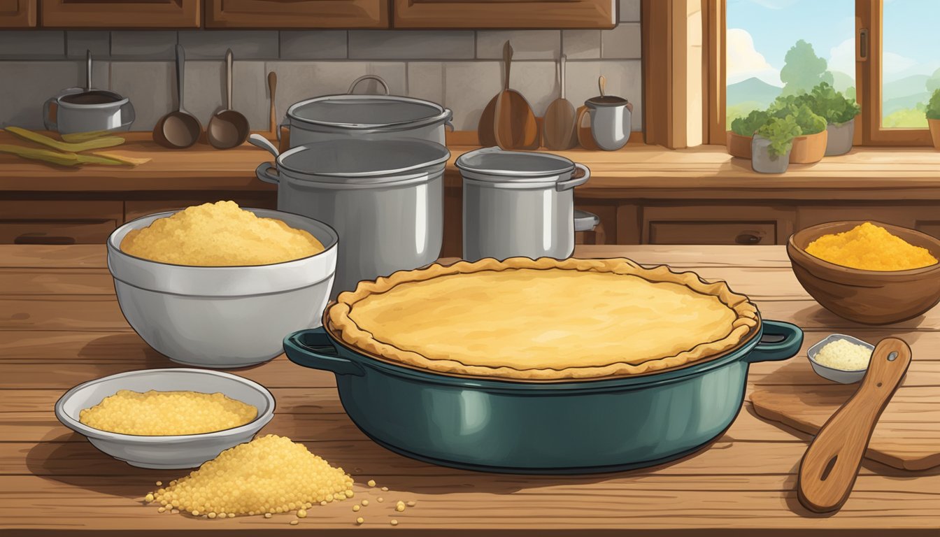 A rustic kitchen with a bubbling pot of Texas-style veggie pot pie filling and a bowl of cornmeal crust dough on a wooden counter