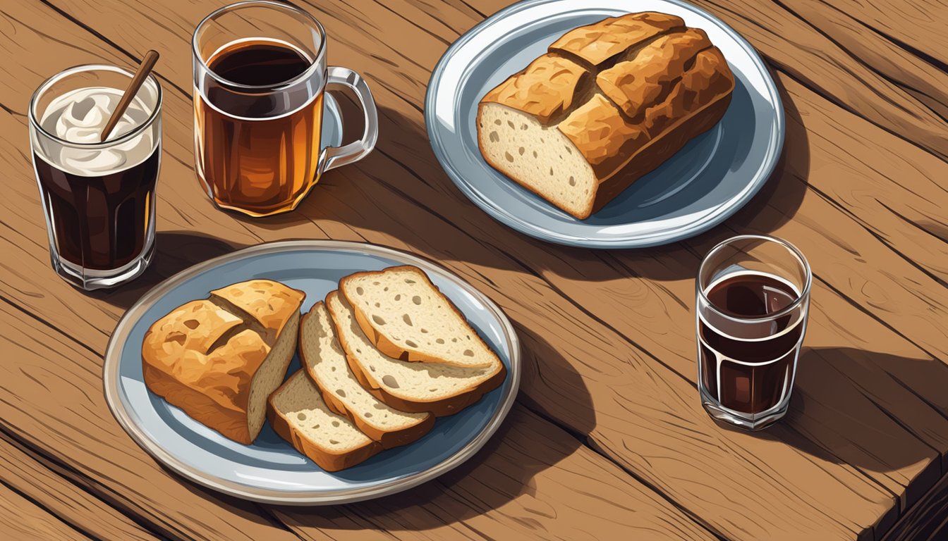 A rustic wooden table with a loaf of freshly baked Irish soda bread, served with a side of butter and a glass of Texas-style sweet tea