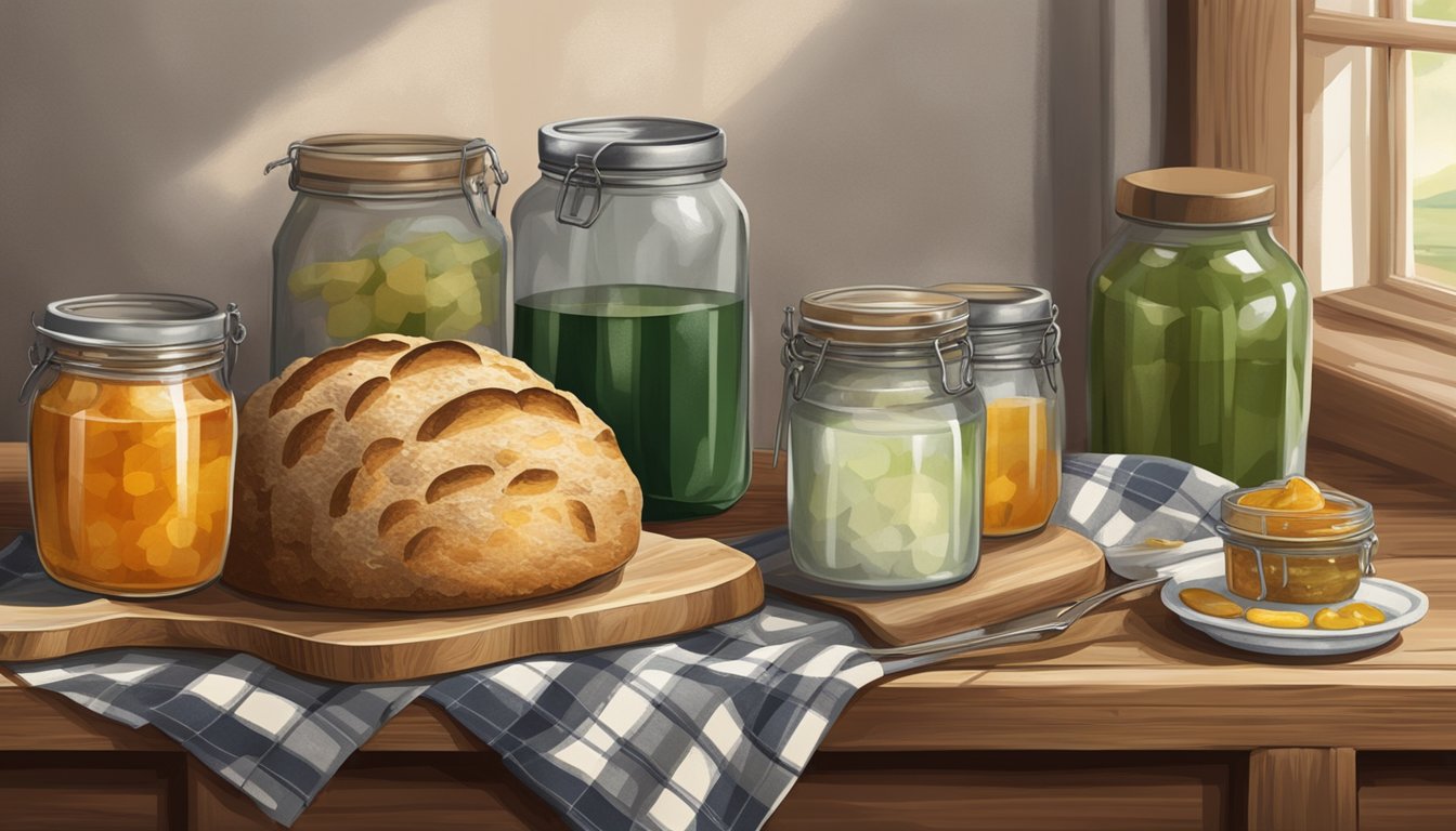 A rustic wooden table displays a loaf of freshly baked Irish soda bread, surrounded by jars of homemade preserves and a checkered cloth