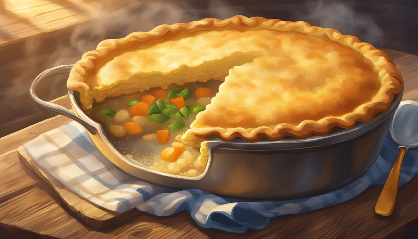 A steaming pot pie sits on a rustic wooden table, golden cornmeal crust glistening in the warm light, with steam rising from the hearty filling