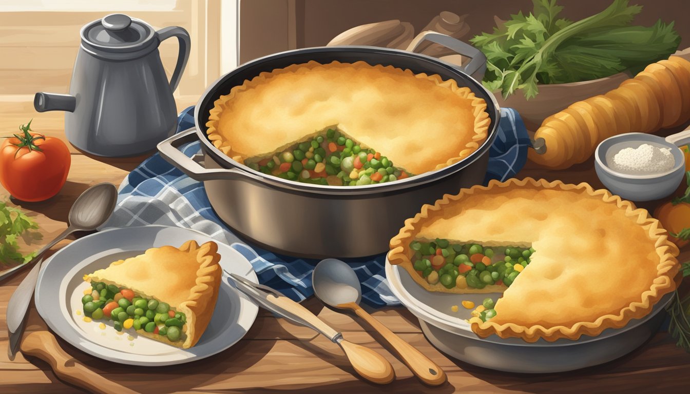 A rustic kitchen counter with a steaming Texas-style vegetable pot pie topped with a golden-brown cornmeal crust, surrounded by fresh ingredients and cooking utensils