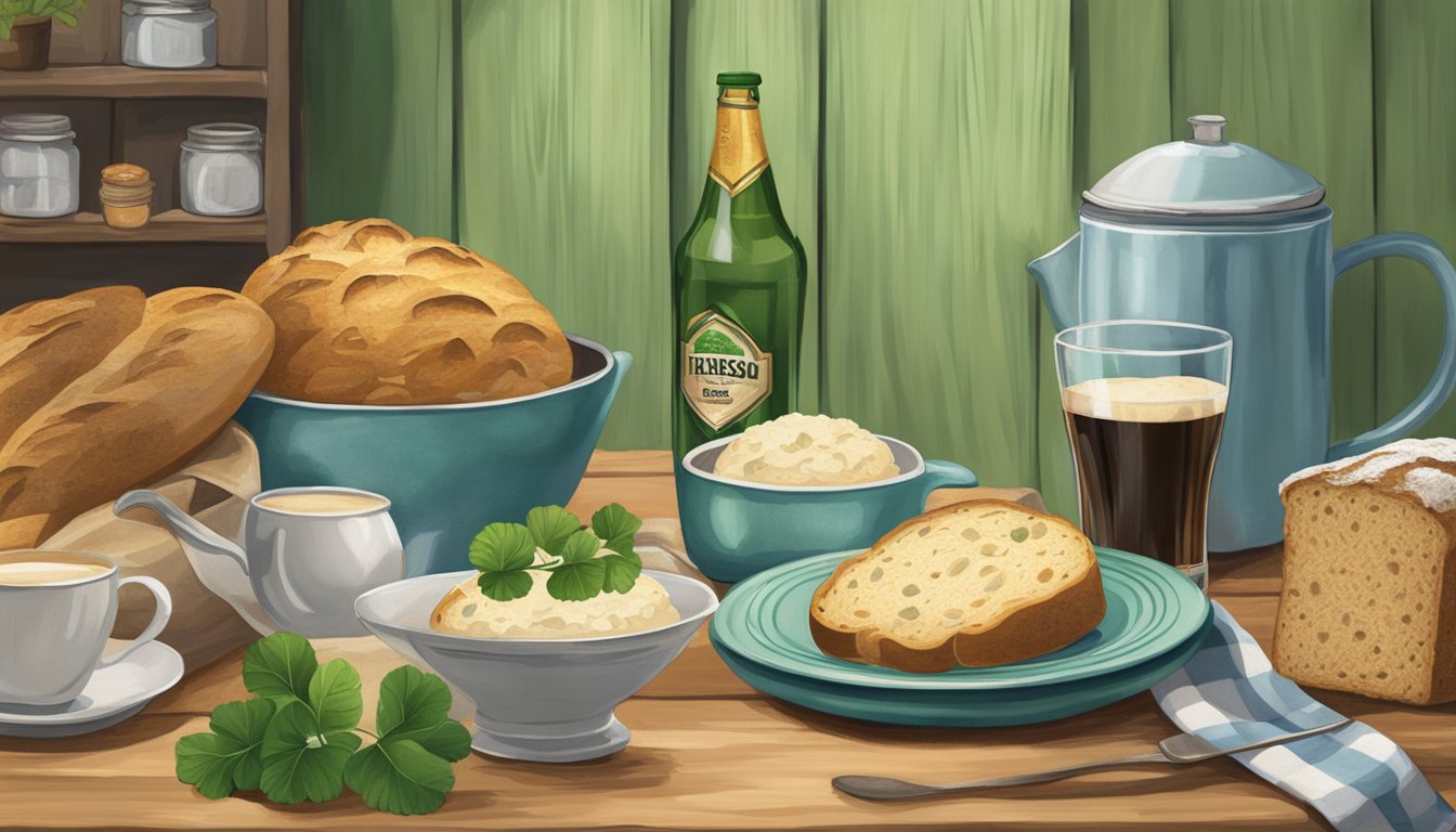 A rustic kitchen table with a steaming loaf of Irish soda bread, surrounded by Texas-themed decor