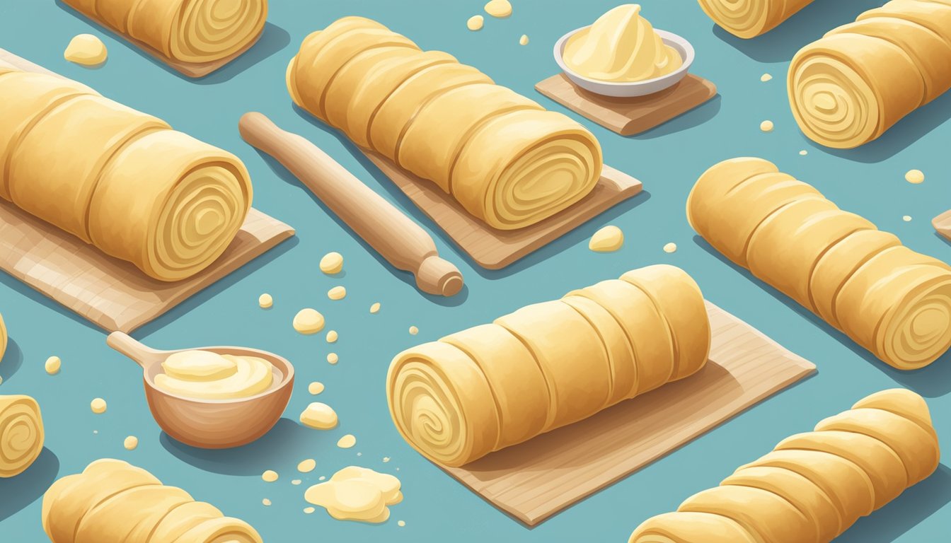 A rolling pin flattens layers of butter and dough, creating a flaky puff pastry