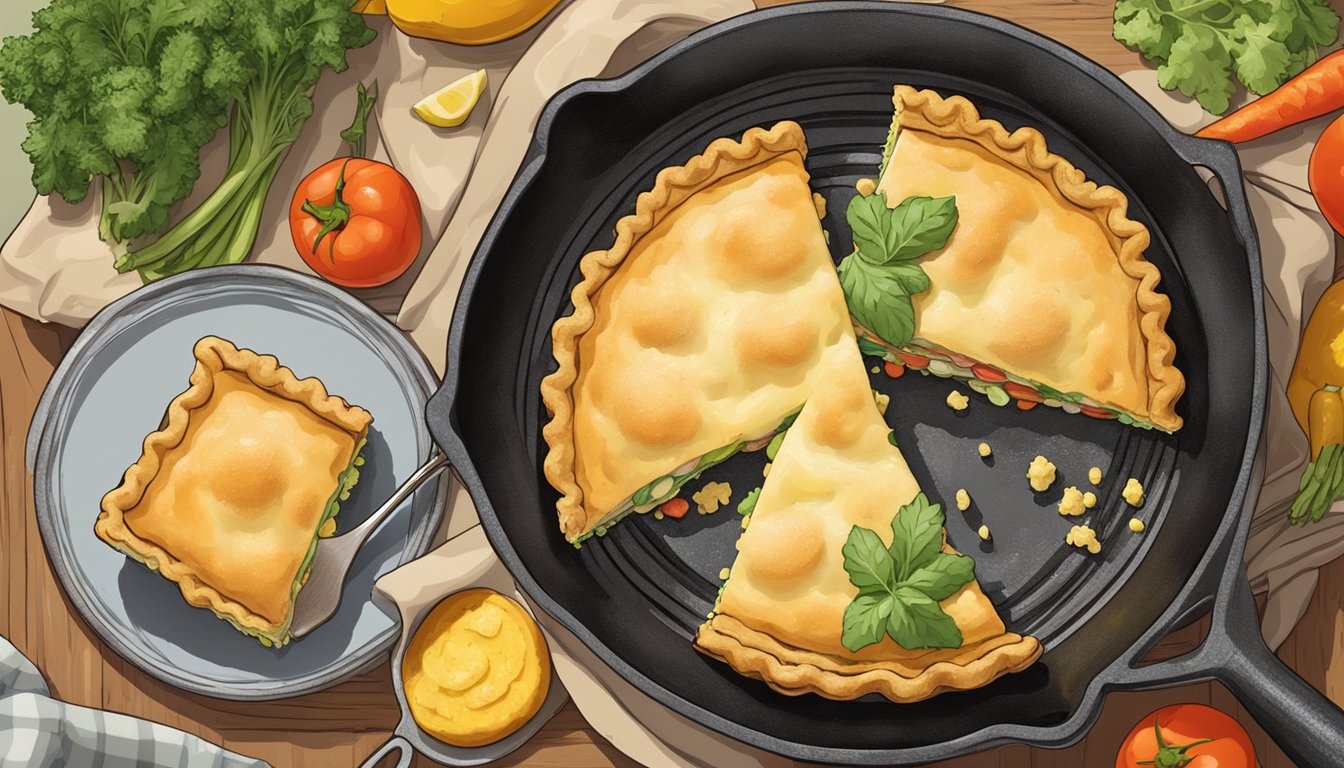 A rustic kitchen with a bubbling pot pie in a cast iron skillet, surrounded by fresh vegetables and a golden cornmeal crust cooling on a wire rack