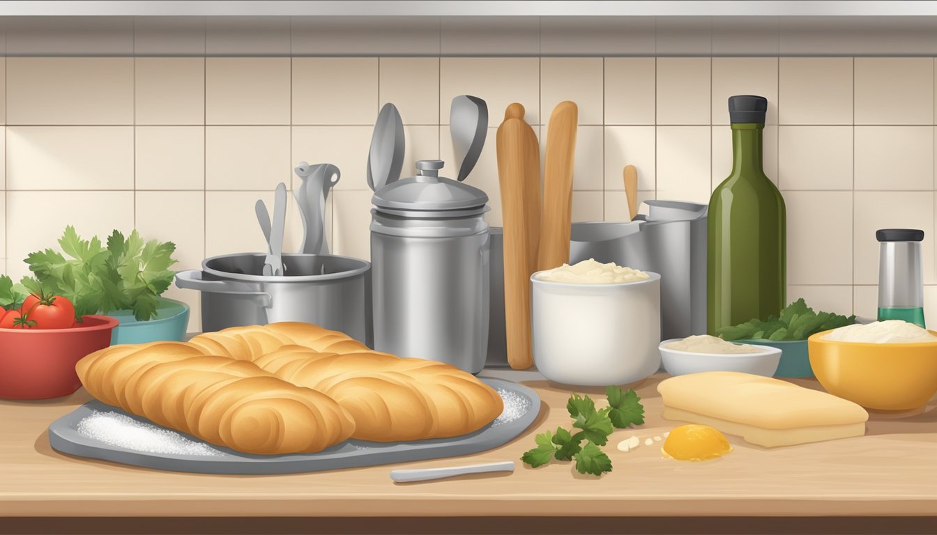 A kitchen counter with ingredients and tools for making Texas-style kolaches, including puff pastry, fillings, and a rolling pin