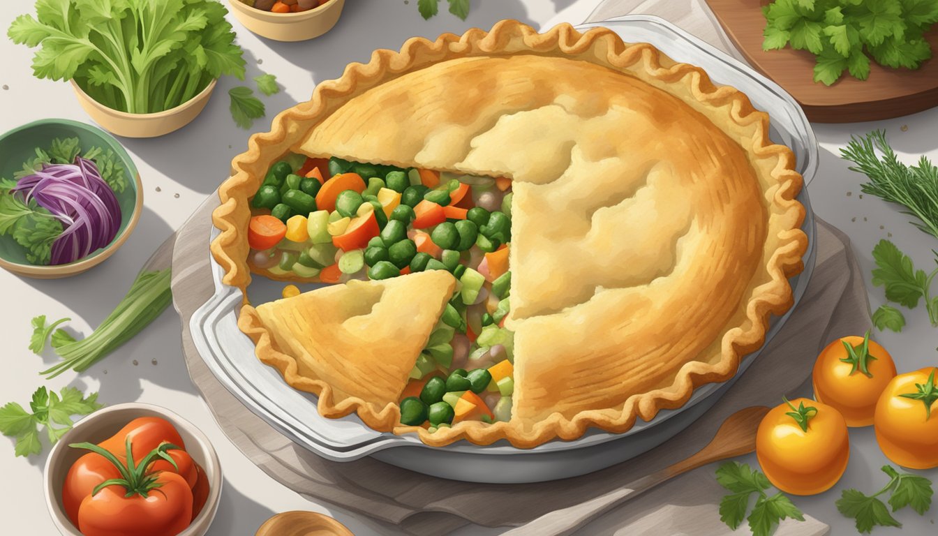 A steaming Texas-style veg pot pie with a golden cornmeal crust, surrounded by fresh vegetables and herbs