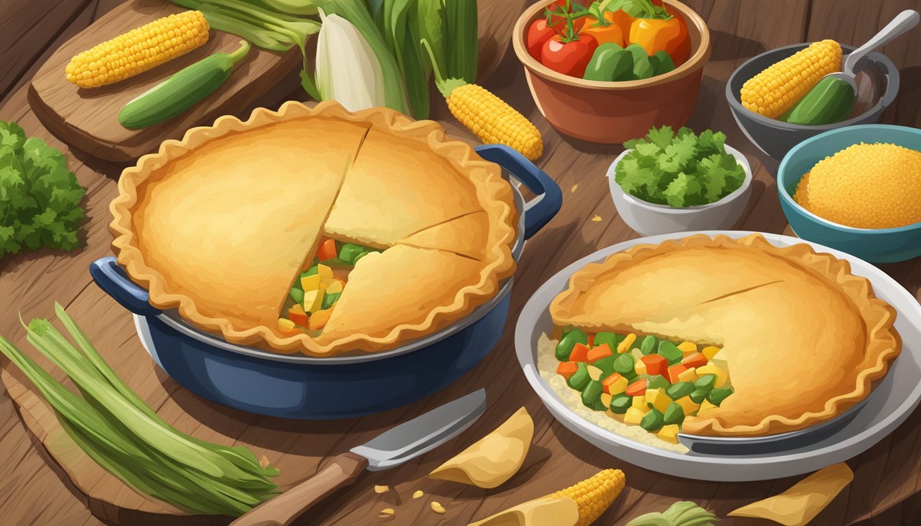 A steaming Texas-style veg pot pie with golden cornmeal crust is being served on a rustic wooden table, surrounded by fresh corn cobs and colorful vegetables