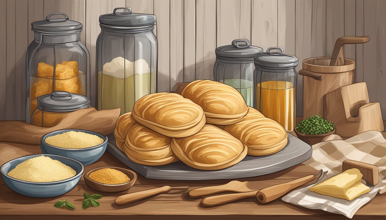 A rustic kitchen counter with ingredients and utensils for making Texas-style puff pastry