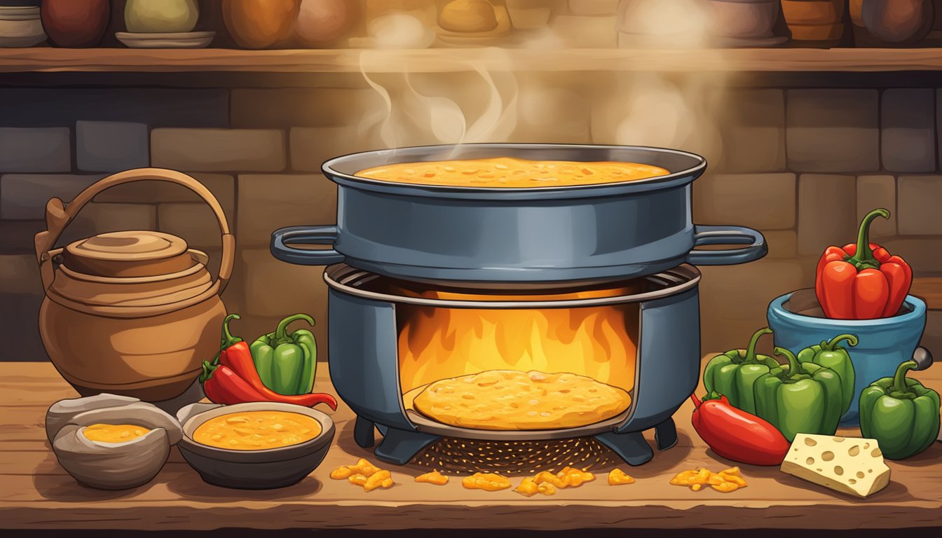 A rustic Texan kitchen with a bubbling pot of chile con queso simmering over an open fire, surrounded by colorful peppers and aged cheese