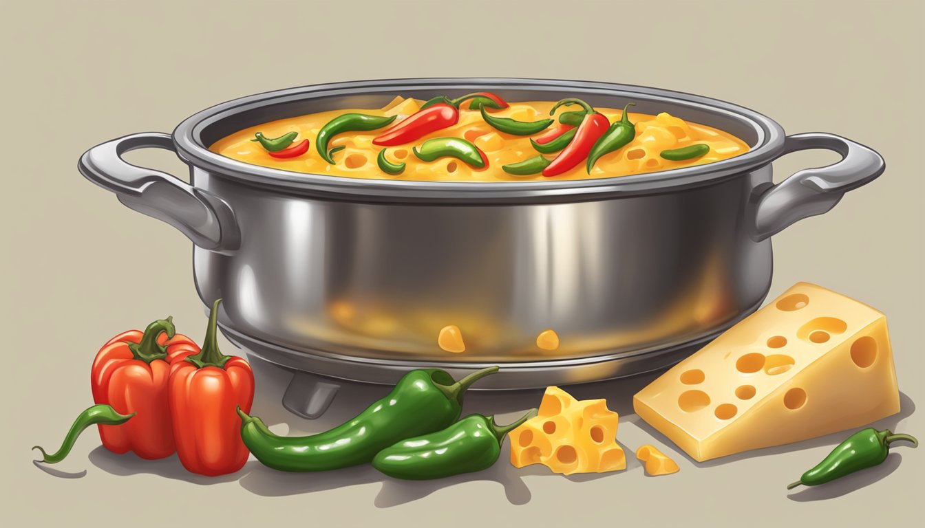 A bubbling pot of melted cheese and spicy peppers, with chunks of tomato and green chilies mixed in