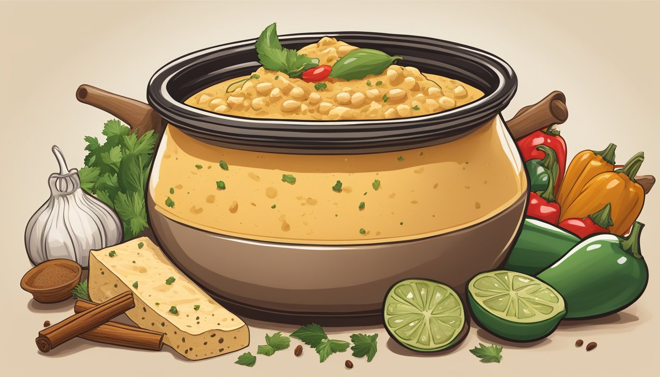 A bubbling pot of chile con queso surrounded by essential spices and seasonings, including cumin, paprika, and garlic, with a hint of jalapeño