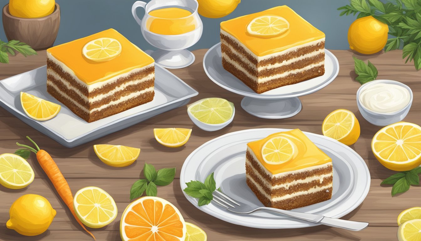 A table set with Texas-style carrot cake squares topped with lemon icing, surrounded by zesty citrus fruits and a rustic backdrop