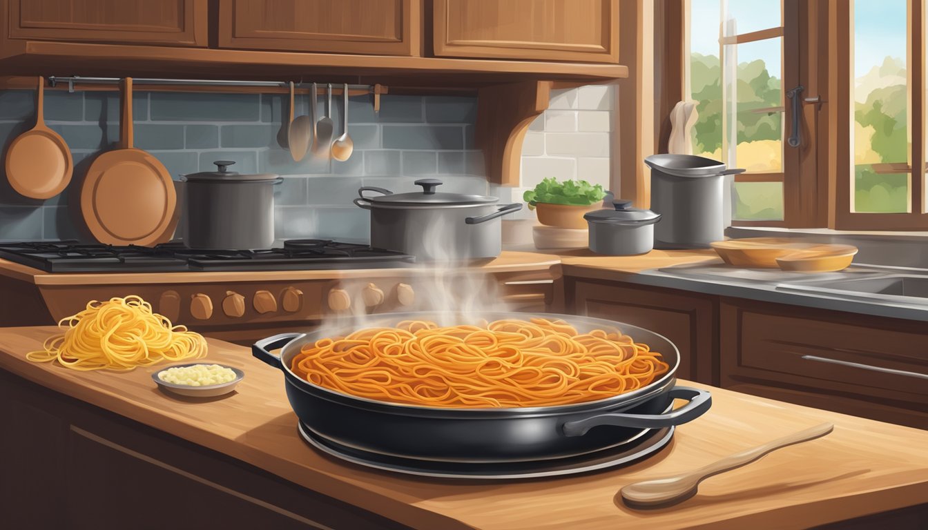 A rustic kitchen with a pot of boiling pasta and a simmering pot of Texas-style bolognese sauce on a stovetop