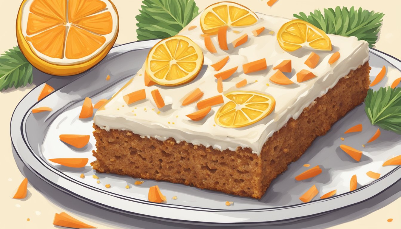 A platter of Texas-style carrot cake squares topped with tangy lemon icing, surrounded by fresh lemon wedges and vibrant orange carrot shavings