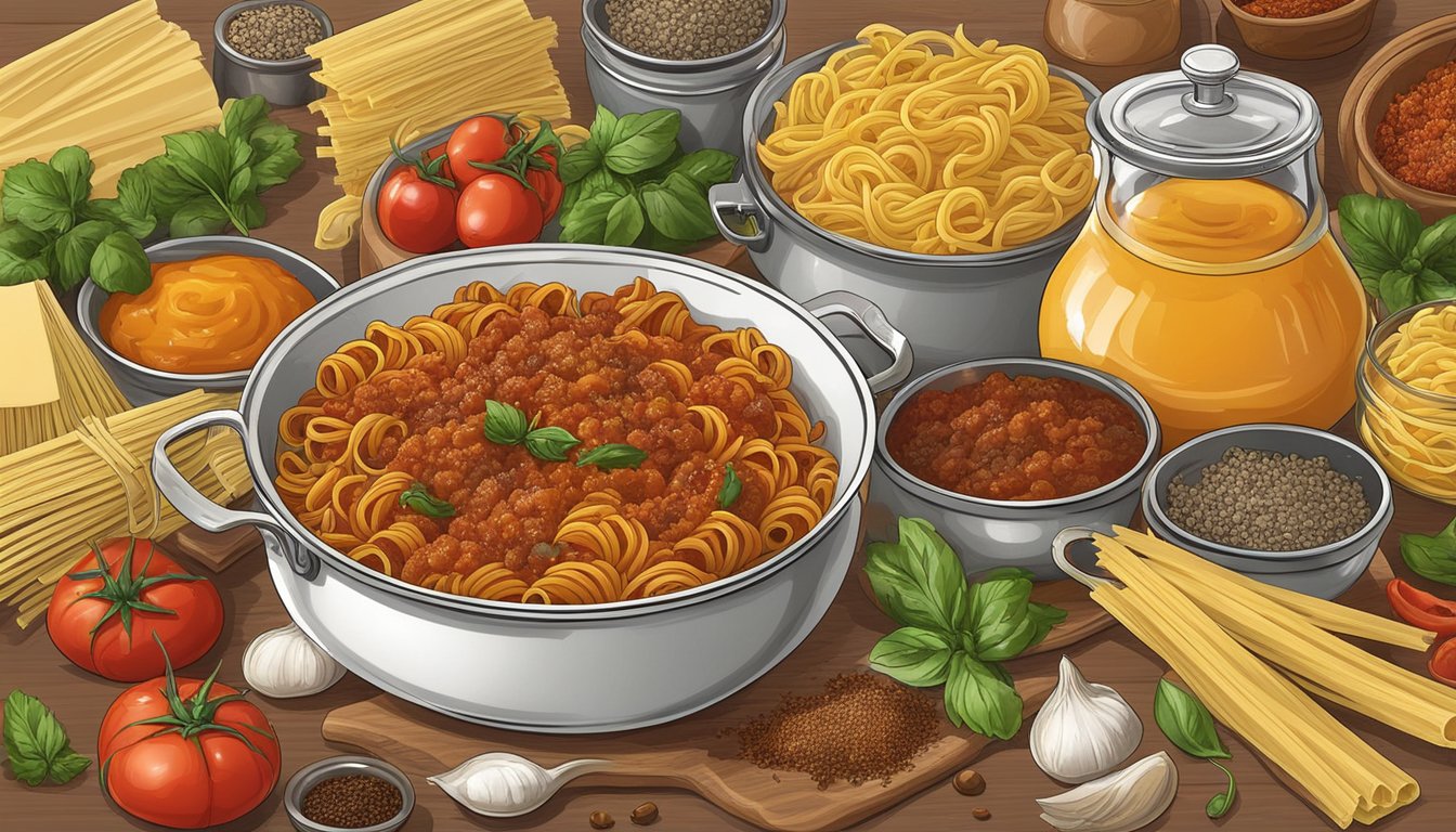 A pot of bubbling pasta with rich bolognese sauce, surrounded by Texan spices and ingredients