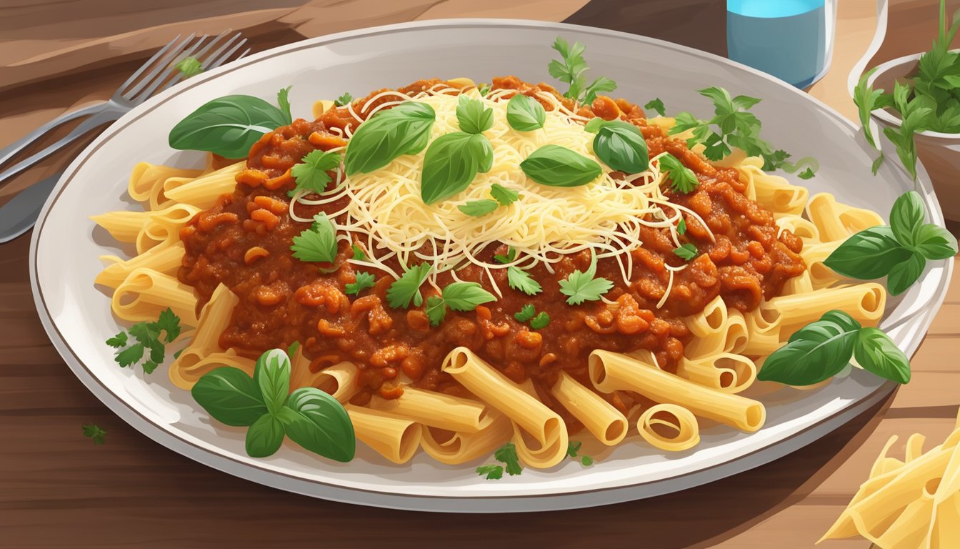 A steaming plate of texas-style pasta topped with rich bolognese sauce, garnished with fresh herbs and grated cheese