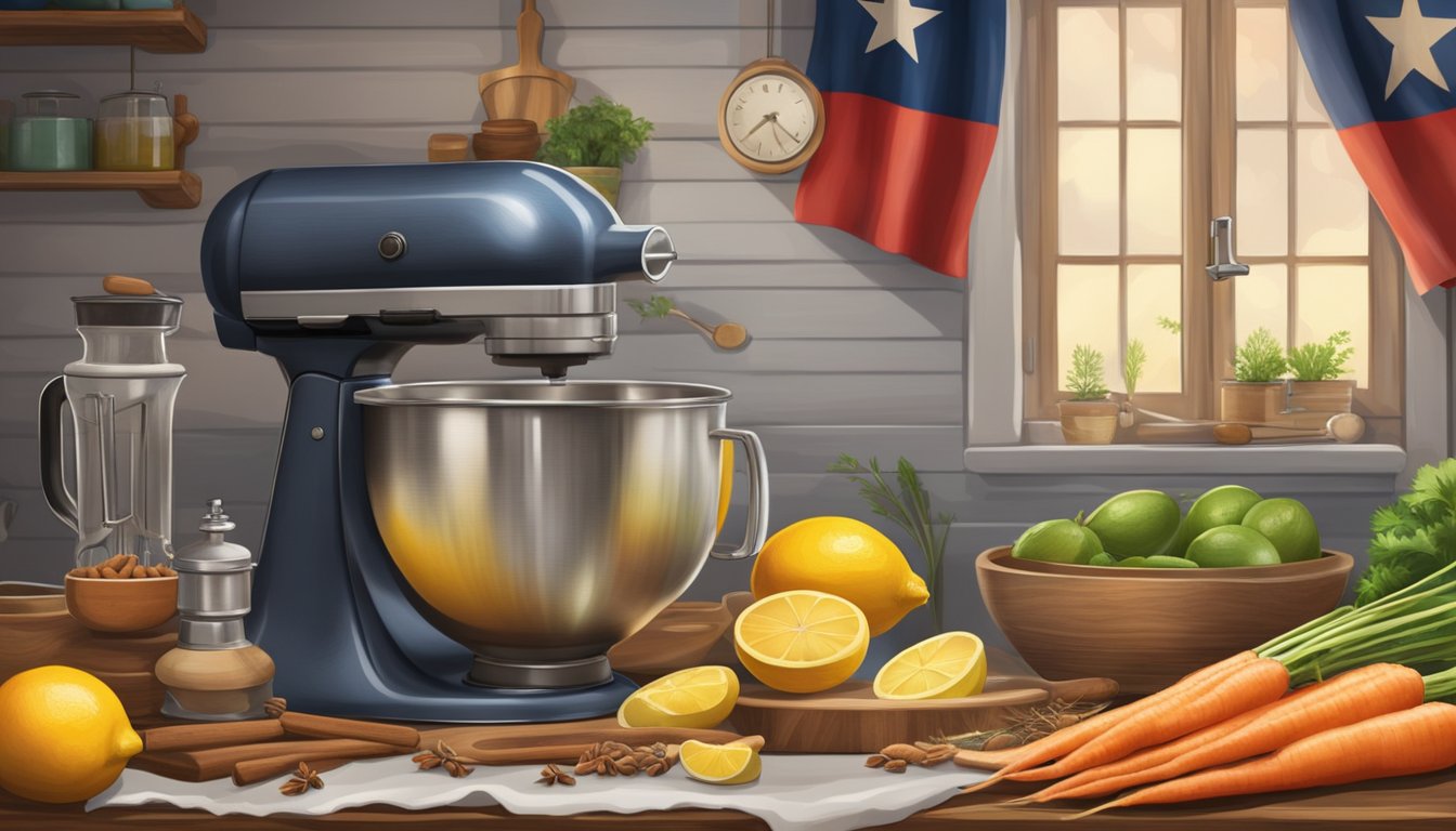 A rustic kitchen with a vintage mixer and wooden utensils, surrounded by fresh carrots, lemons, and warm spices. A Texas flag hangs in the background