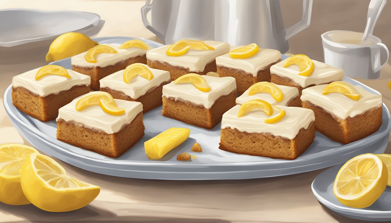 A platter of Texas-style carrot cake squares with lemon icing, garnished with zesty lemon twists