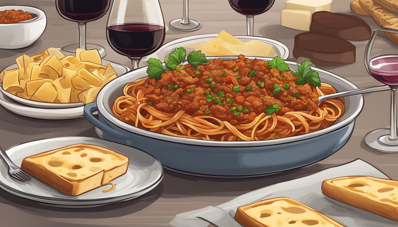 A steaming plate of Texas-style pasta with rich bolognese sauce, served alongside a side of garlic bread and a glass of red wine