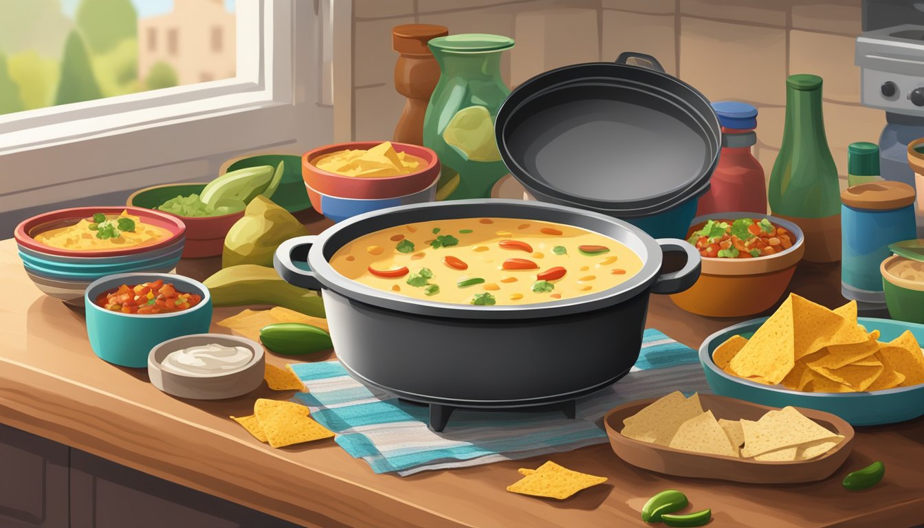 A bubbling pot of Texas-style chile con queso sits on a stovetop, surrounded by colorful bowls of tortilla chips and various leftover containers