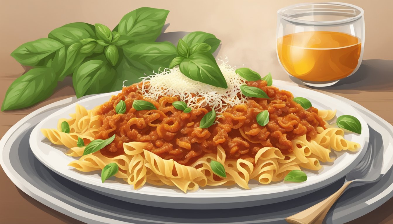 A steaming plate of Texas-style pasta with rich bolognese sauce, topped with freshly grated parmesan cheese and garnished with a sprig of fresh basil