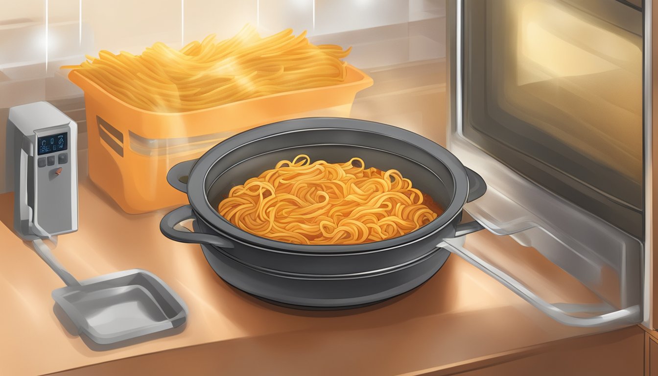 A steaming bowl of Texas-style pasta with bolognese sauce being reheated in the microwave