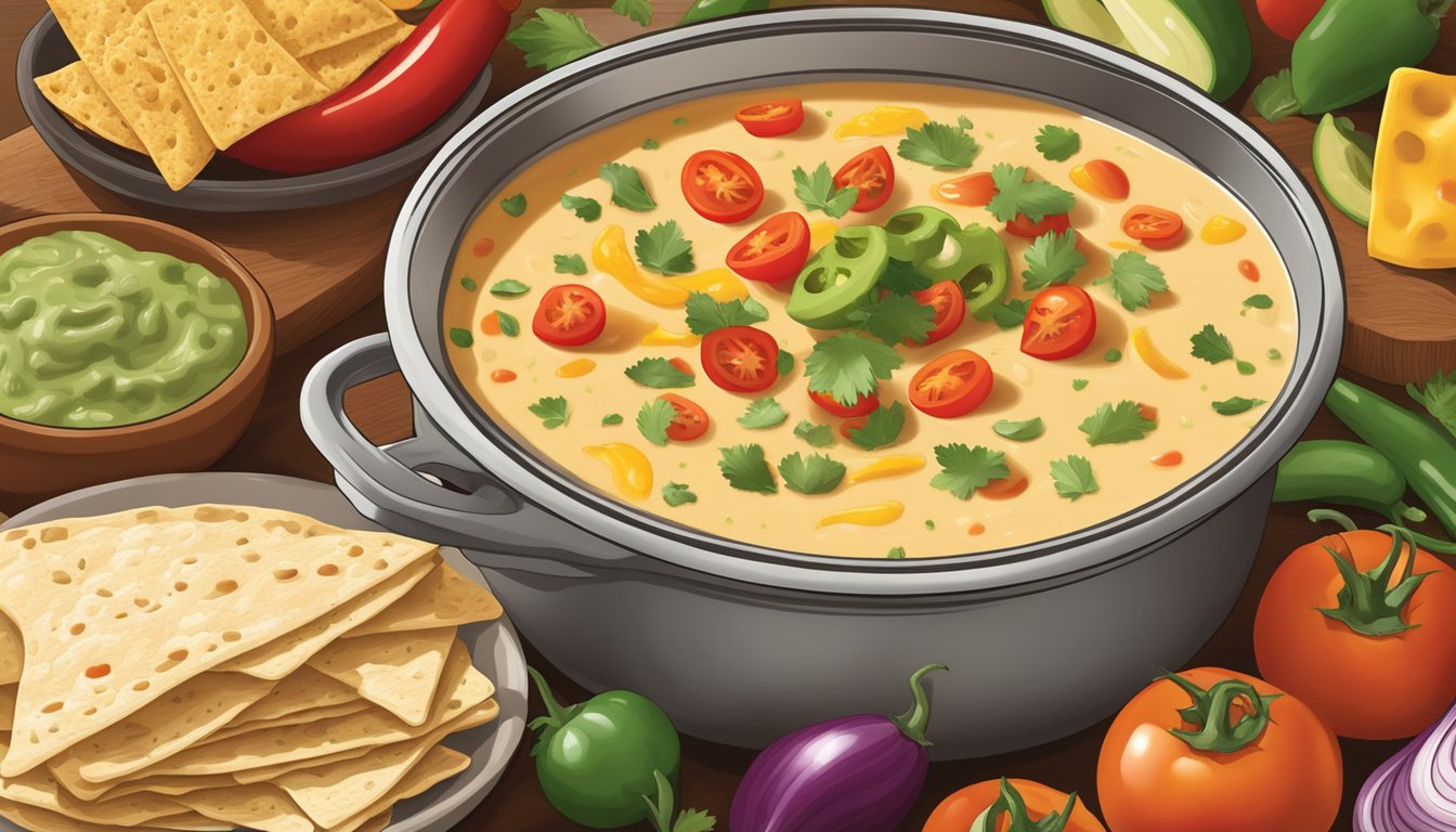 A steaming pot of Texas-style chile con queso surrounded by colorful, fresh ingredients like tomatoes, jalapeños, and cilantro, with a bowl of tortilla chips nearby