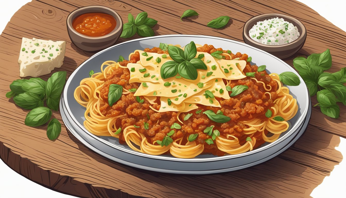 A steaming plate of Texas-style pasta with rich bolognese sauce, garnished with fresh herbs and grated cheese, sits on a rustic wooden table